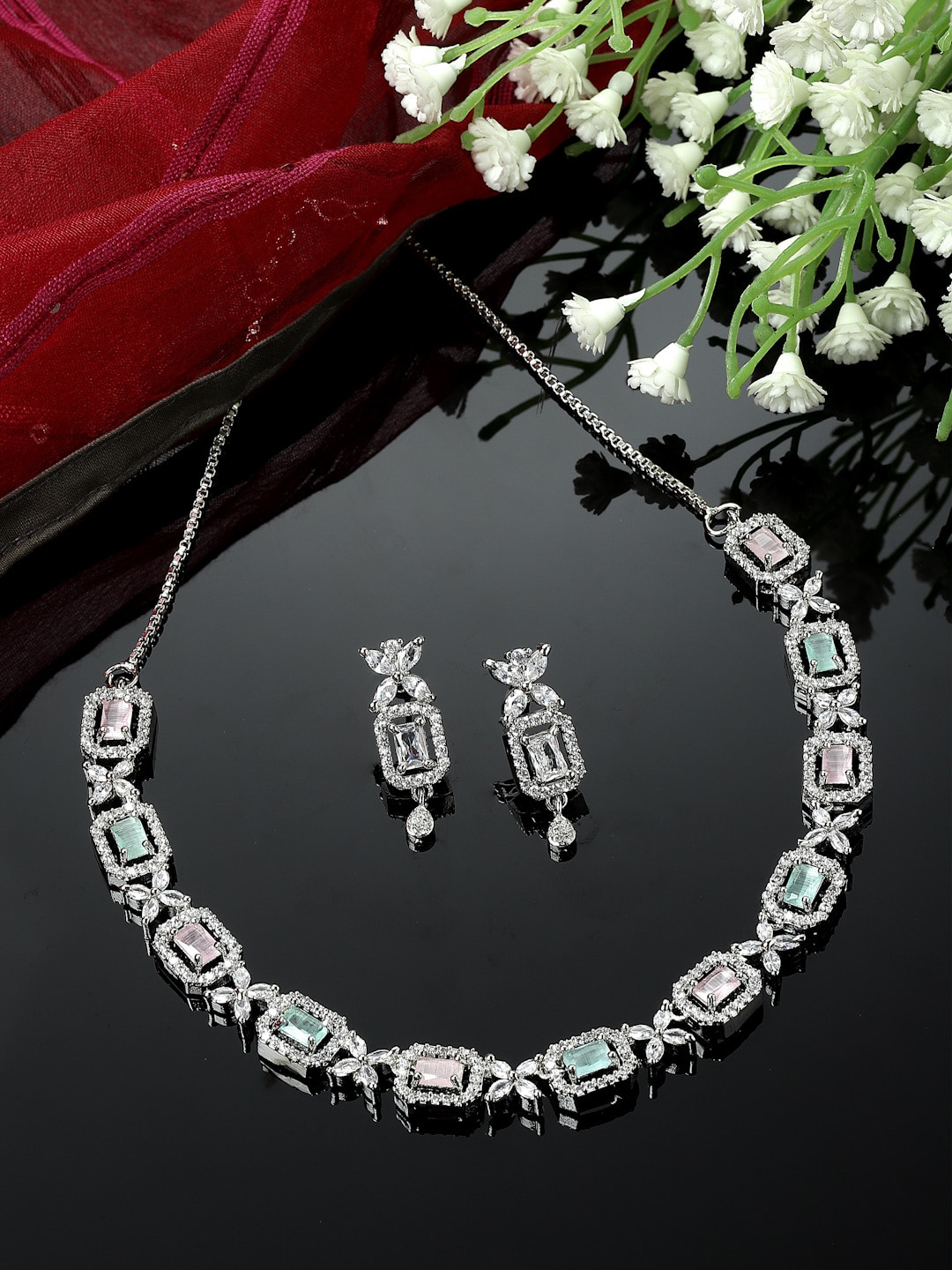 

ZENEME Rhodium Plated American Diamond Studded Jewellery Set, Silver