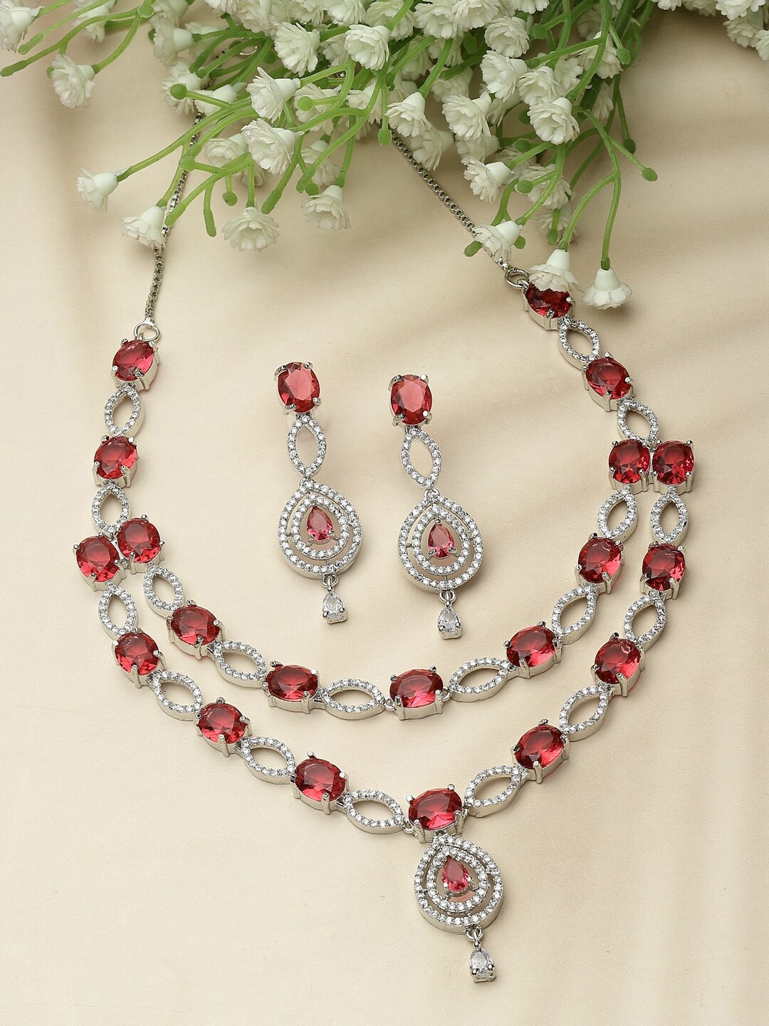 

ZENEME Rhodium Plated American Diamond Studded Jewellery Set, Silver