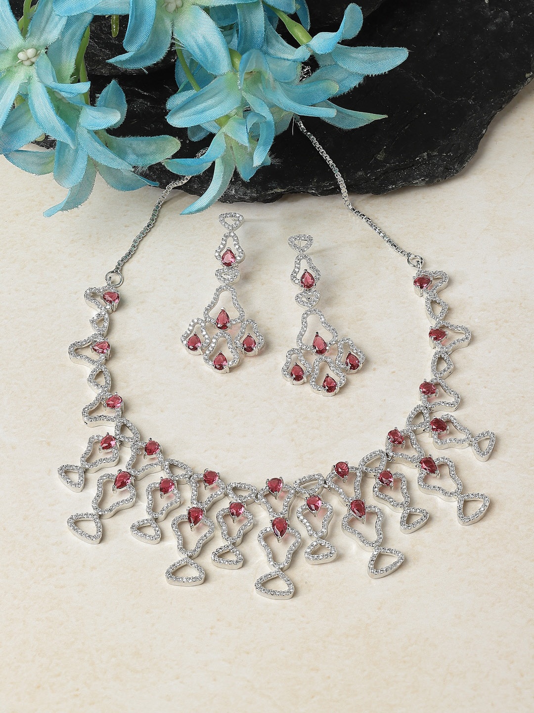 

ZENEME Rhodium Plated AD Studded Jewellery Set, Silver