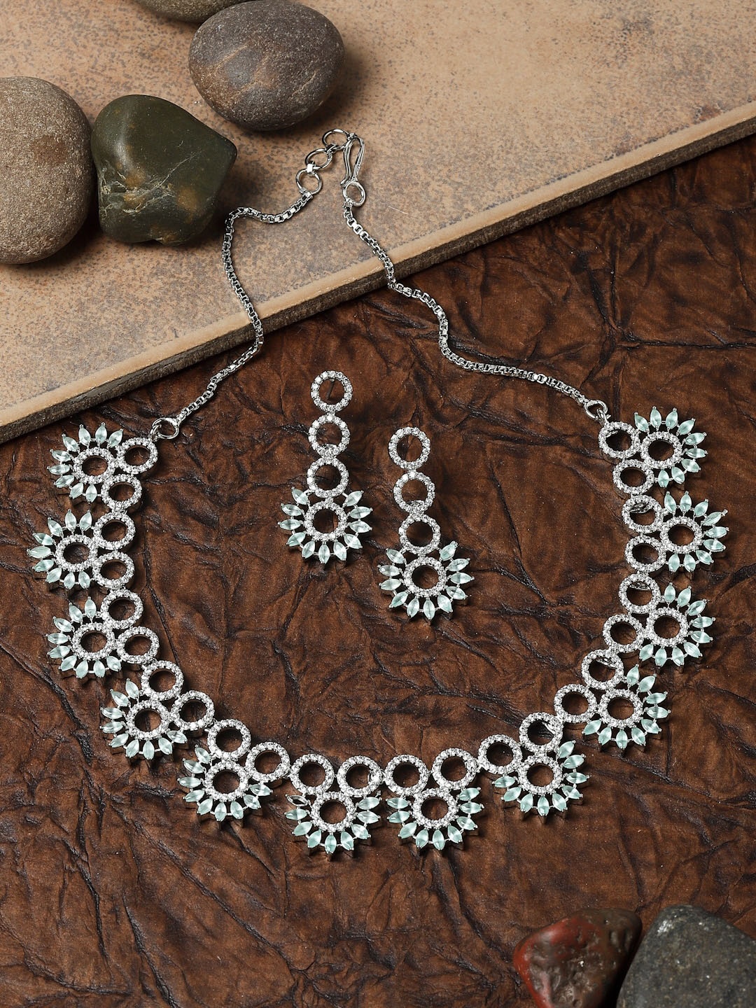 

ZENEME Rhodium Plated AD Studded Jewellery Set, Silver