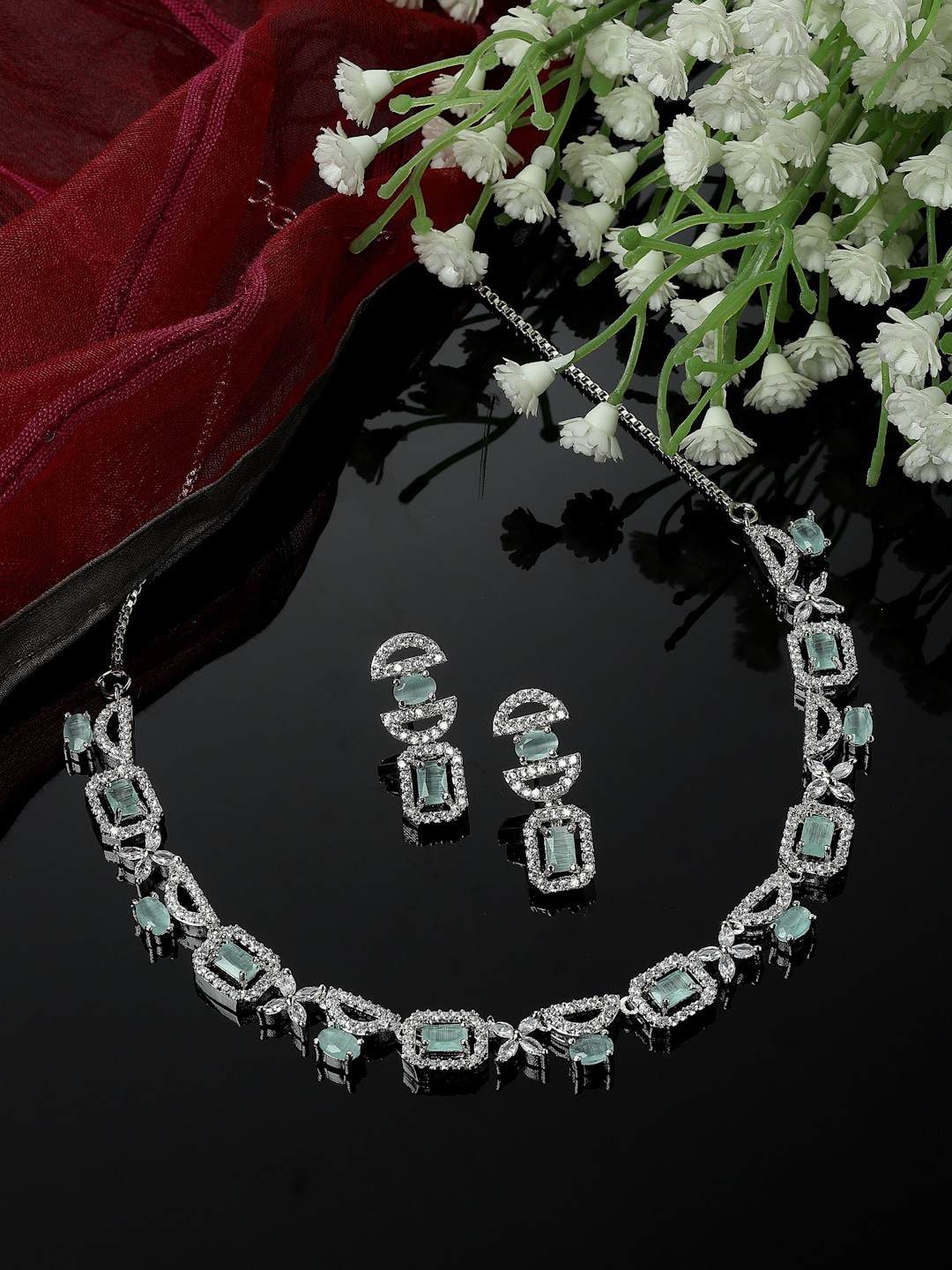 

ZENEME Rhodium Plated AD-studded Jewellery Set, Silver