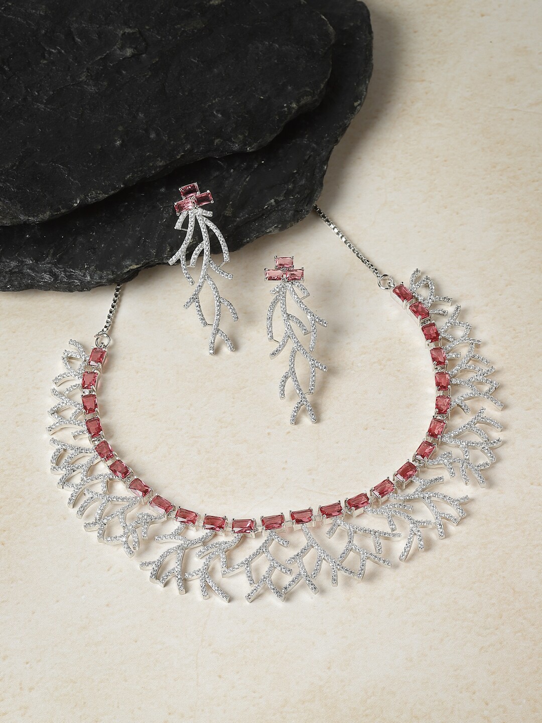 

ZENEME Rhodium Plated American Diamond Studded Jewellery Set, Silver