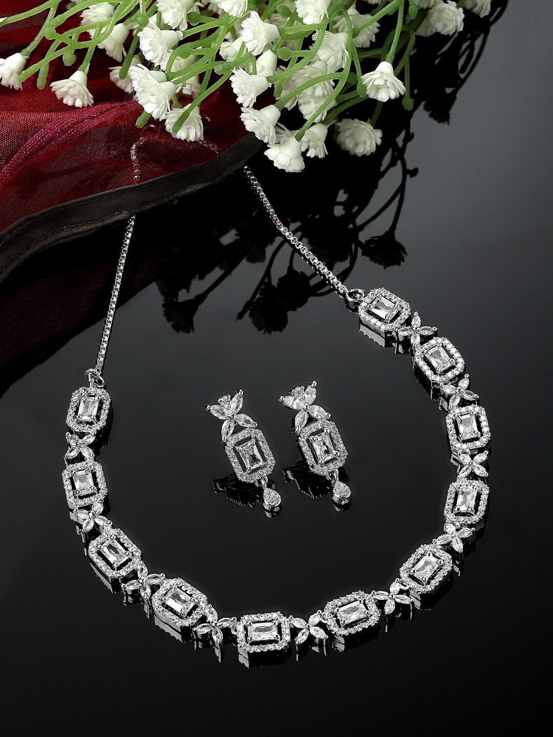 

ZENEME Rhodium Plated American Diamond Studded Jewellery Set, Silver