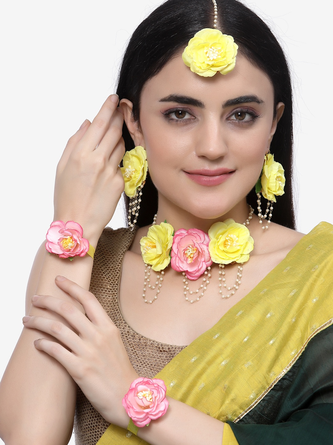 

ZENEME Gold Plated Floral Pearl Haldi & Mehendi Jewellery Set