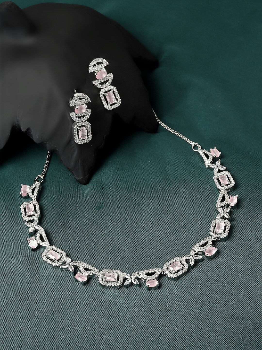 

ZENEME Rhodium Plated American Diamond Studded Jewellery Set, Silver