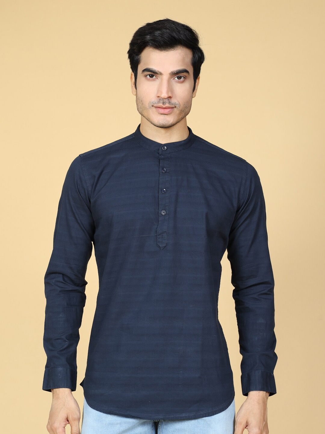 VRIKSH Mandarin Collar Cotton Casual Shirt, Blue