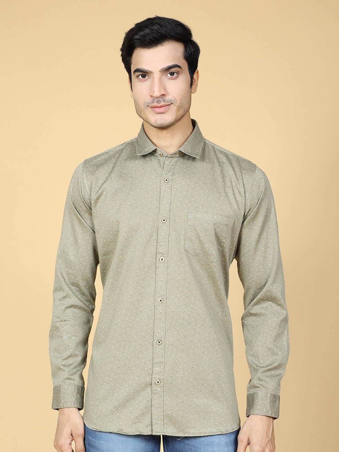 

VRIKSH Micro Ditsy Printed Cotton Casual Shirt, Beige