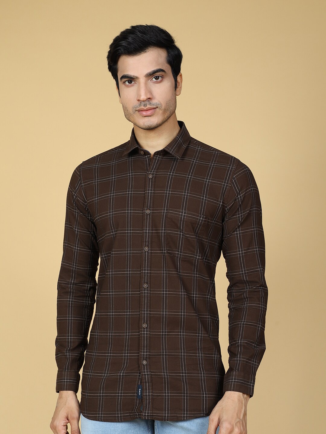 

VRIKSH Tartan Checked Cotton Casual Shirt, Brown