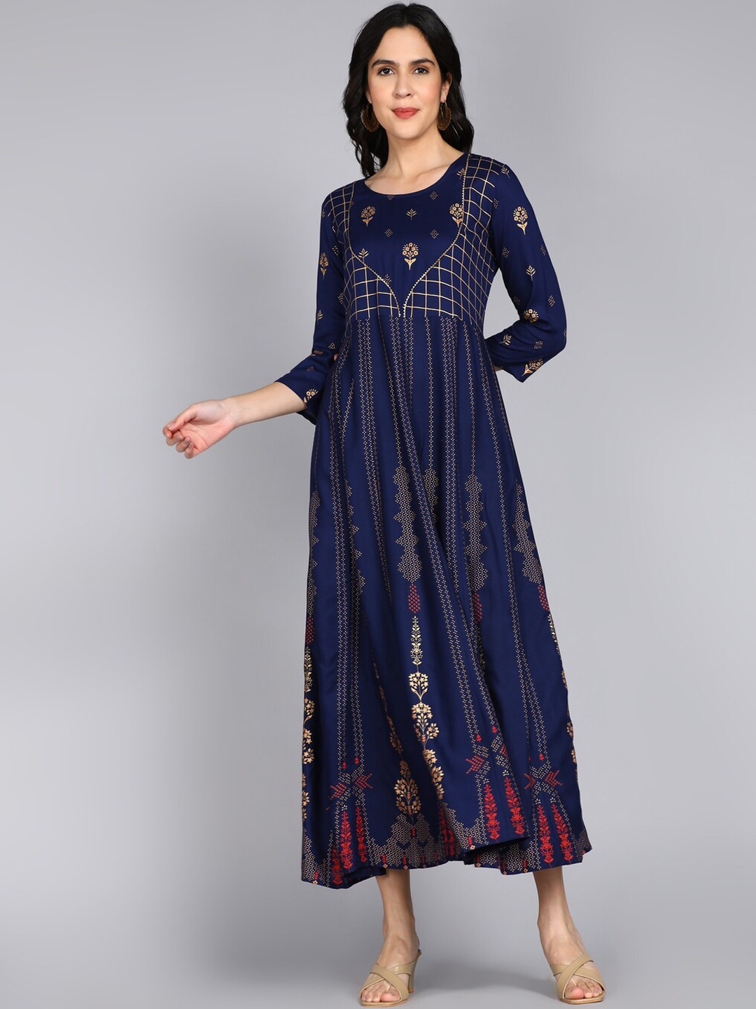 

ftDiva Floral Printed Gotta Patti Anarkali Kurta, Navy blue