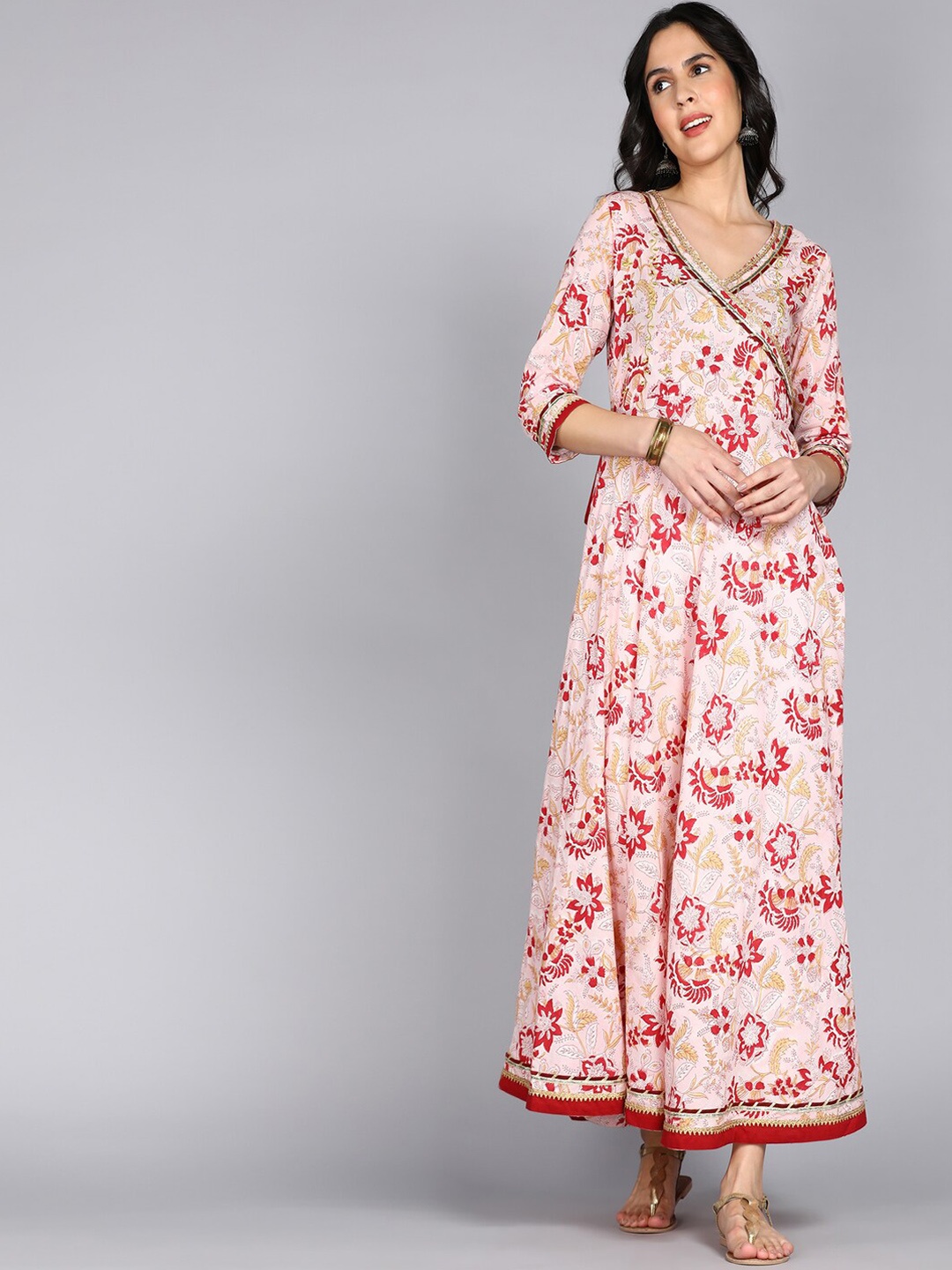 

ftDiva Floral Printed V-Neck Gotta Patti Angrakha Anarkali Kurta, Peach