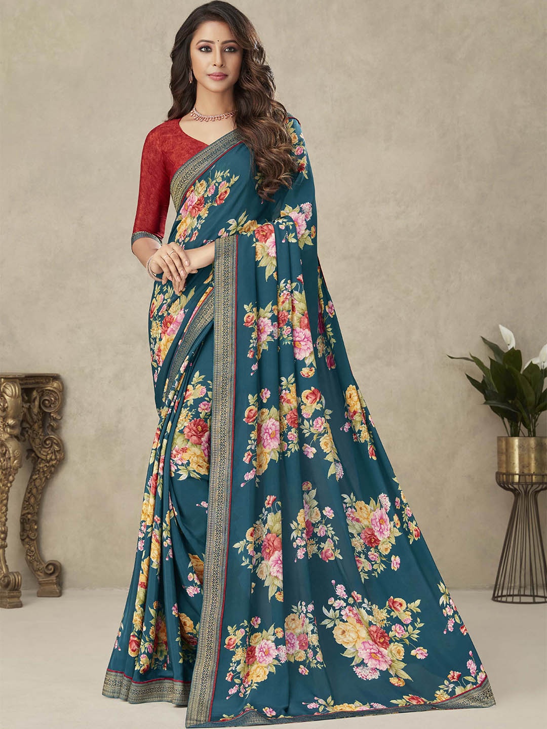 

Mitera Floral Printed Zari Saree, Teal
