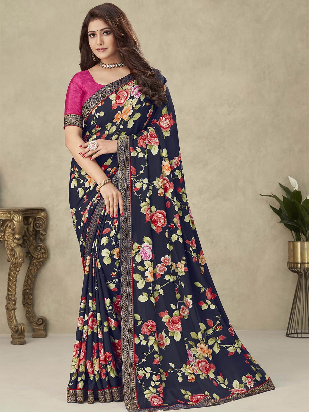 

Mitera Floral Printed Zari Saree, Blue