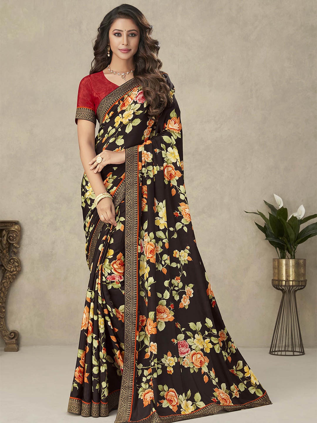 

Mitera Floral Printed Zari Saree, Brown