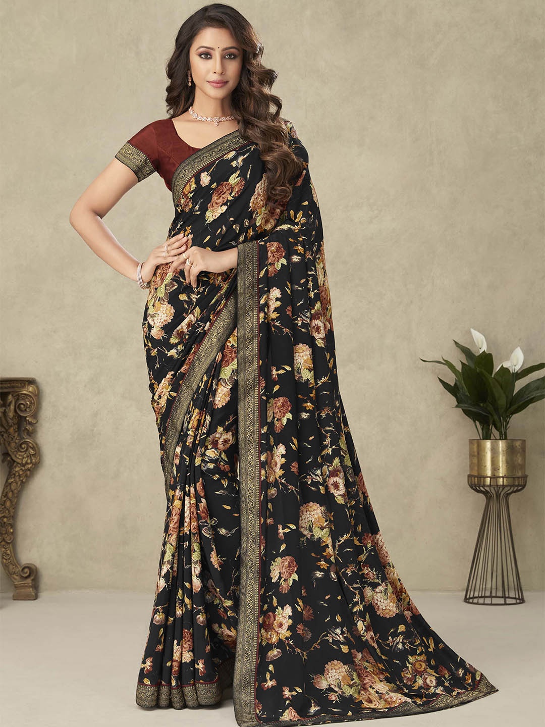 

Mitera Black & Green Floral Printed Zari Saree