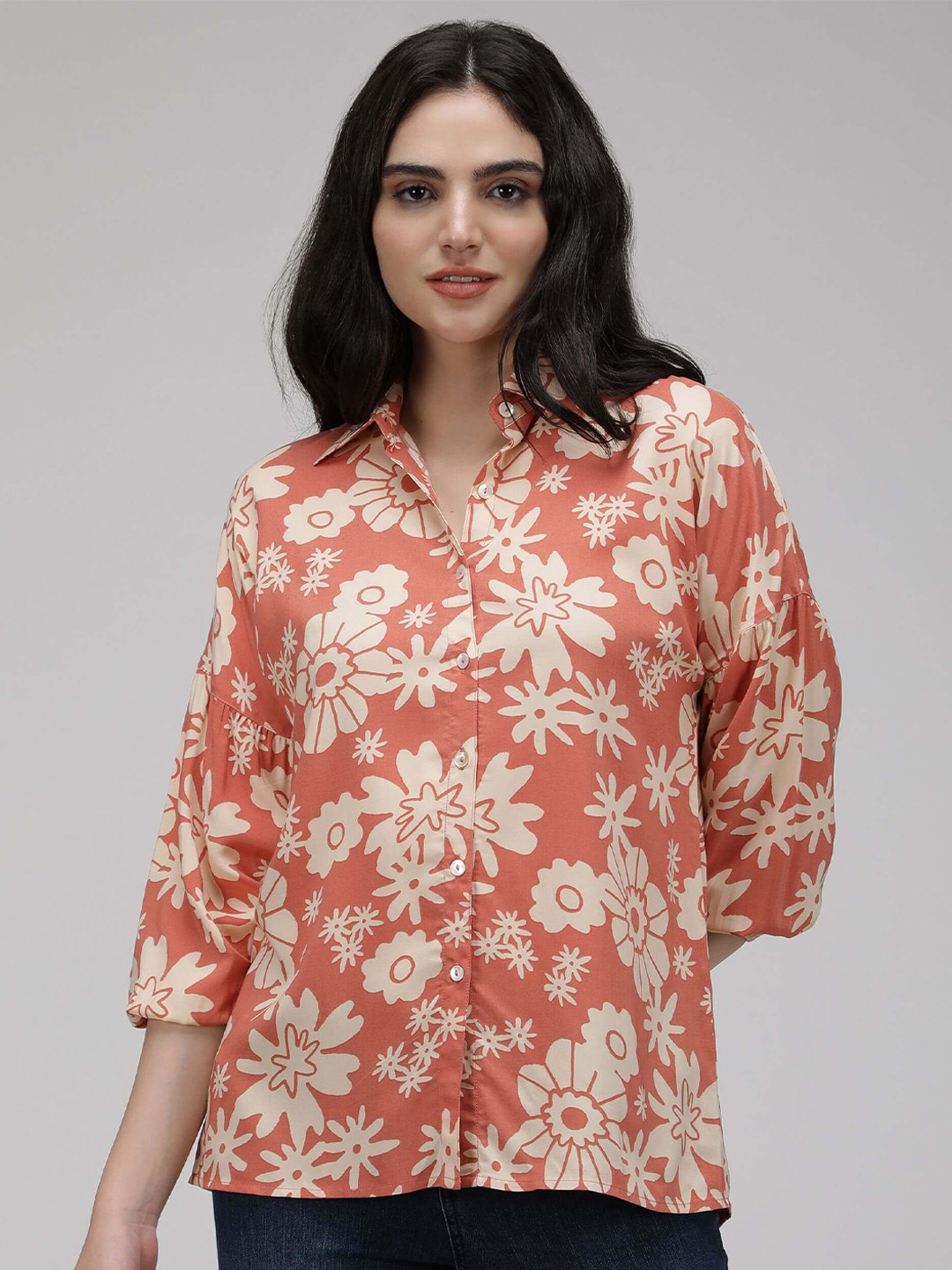 

IDK Floral Printed Opaque Casual Shirt, Coral
