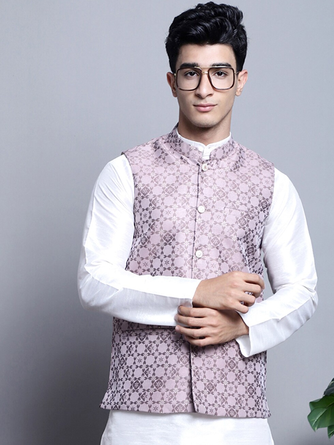 

Jompers Woven Design Nehru Jacket, Magenta