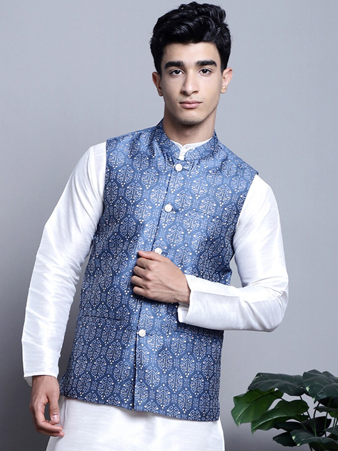 

Jompers Printed Nehru Jacket, Blue