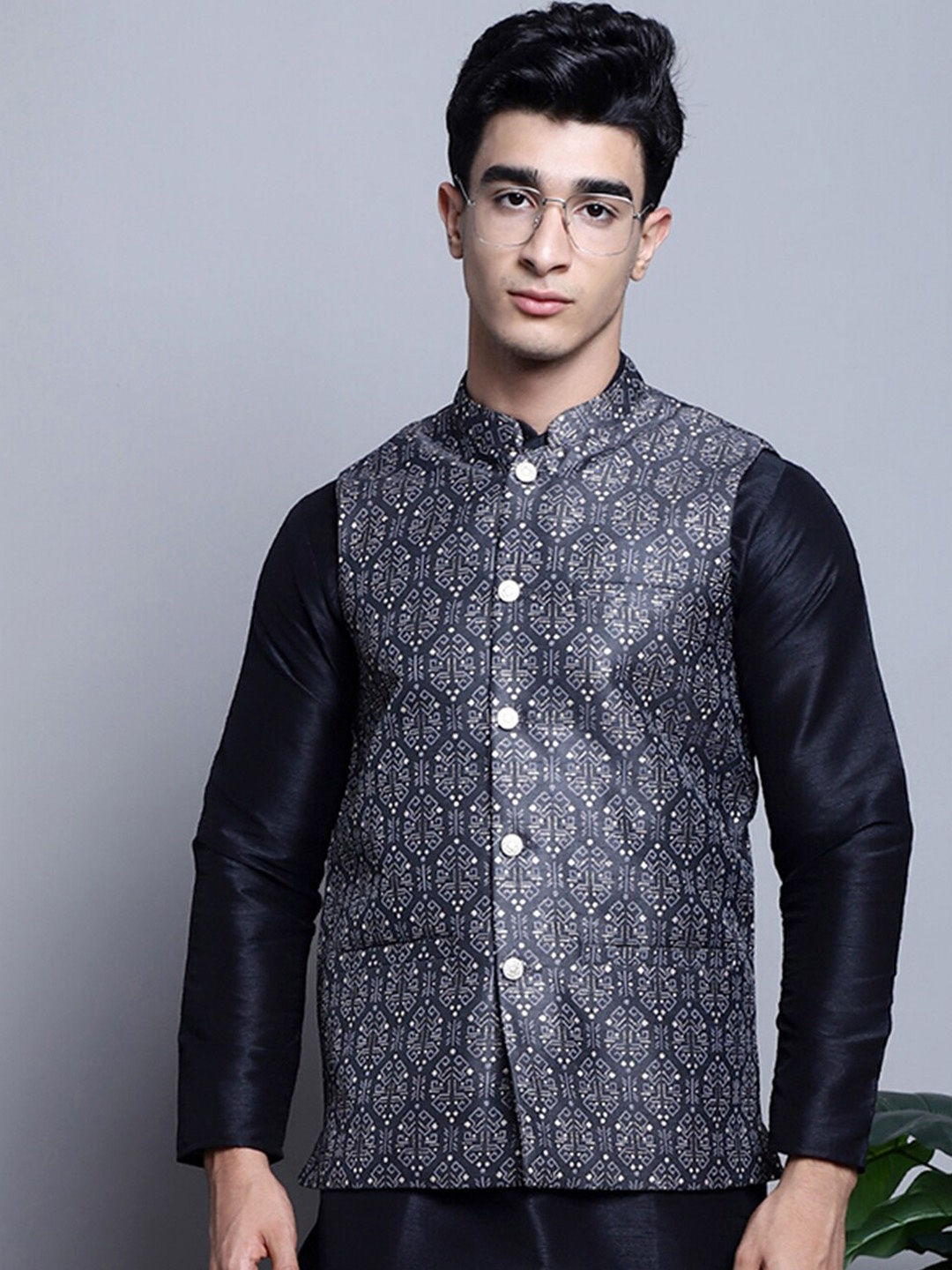 

Jompers Printed Nehru Jacket, Charcoal