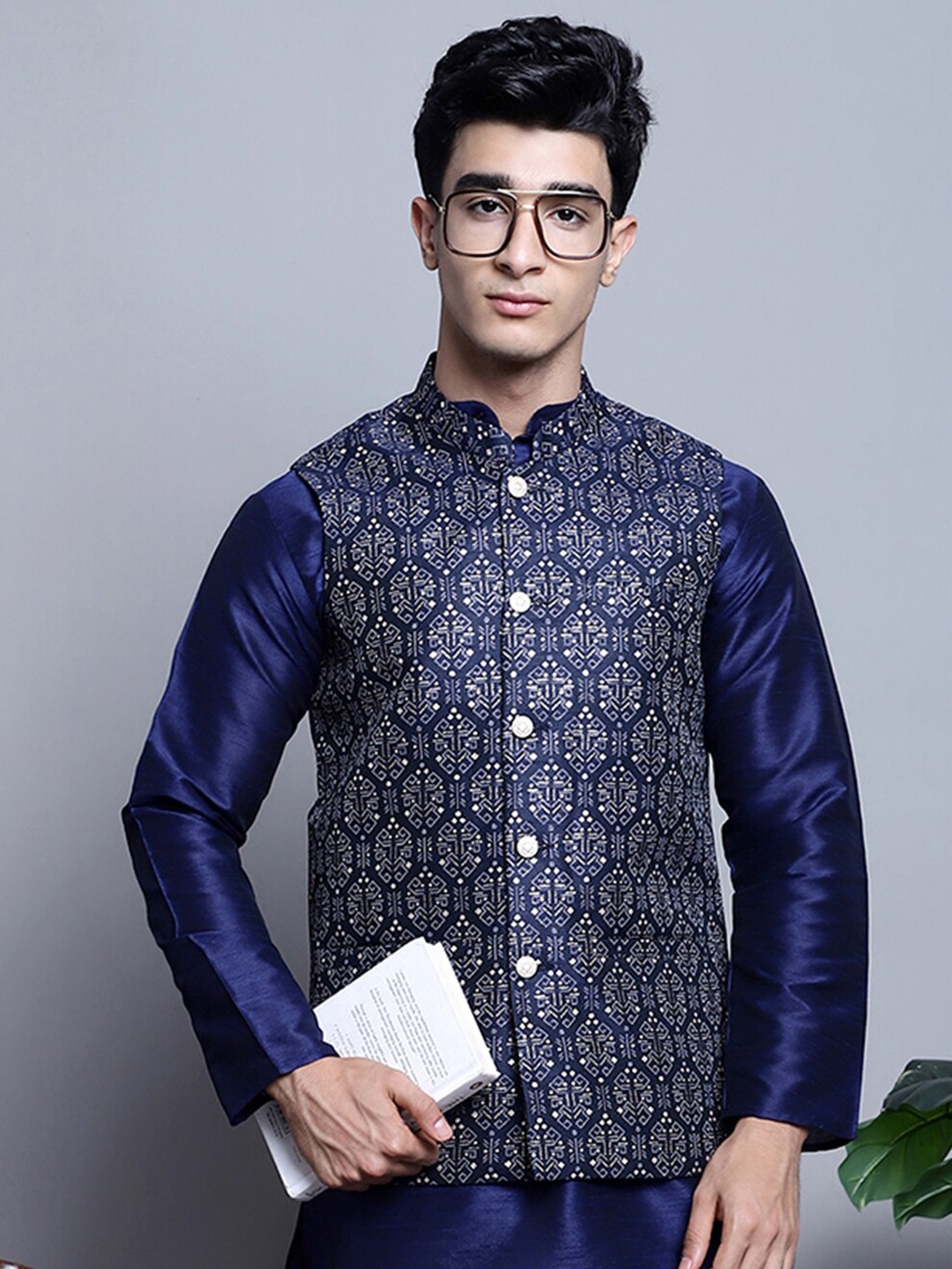 

Jompers Printed Nehru Jacket, Navy blue