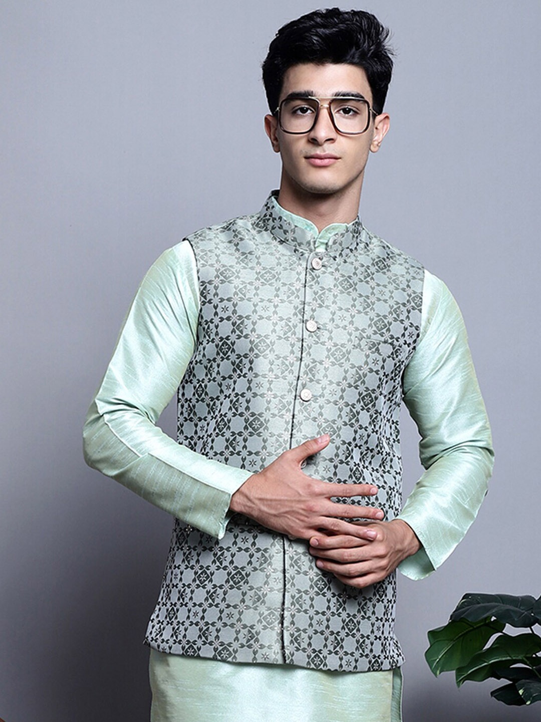 

Jompers Woven Design Nehru Jacket, Sea green