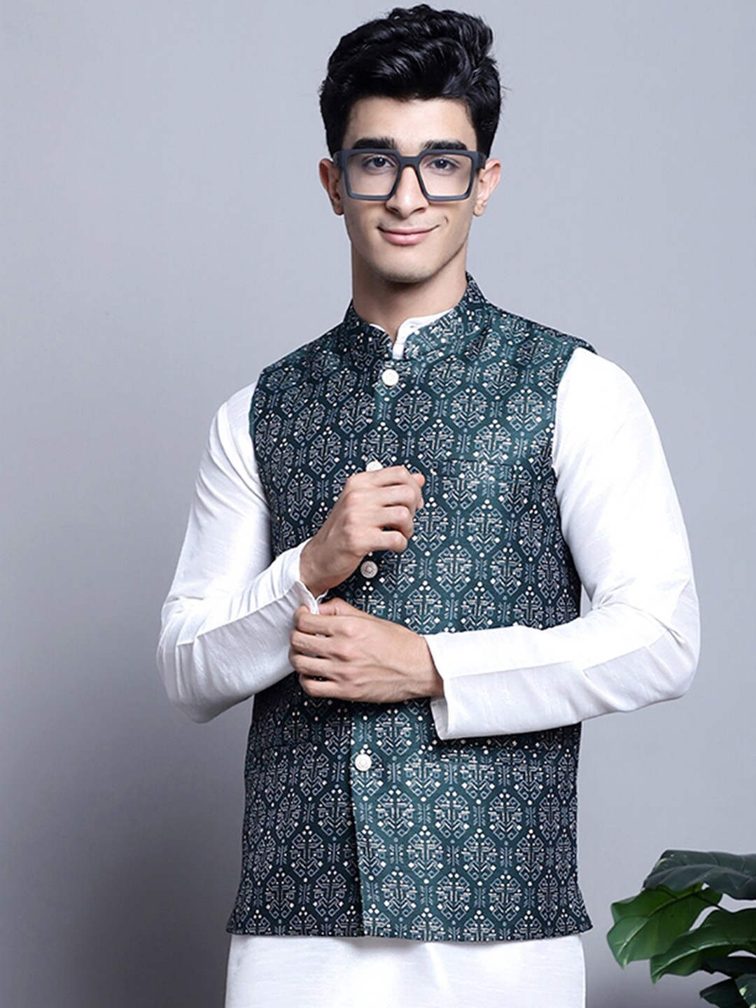 

Jompers Printed Nehru Jacket, Olive