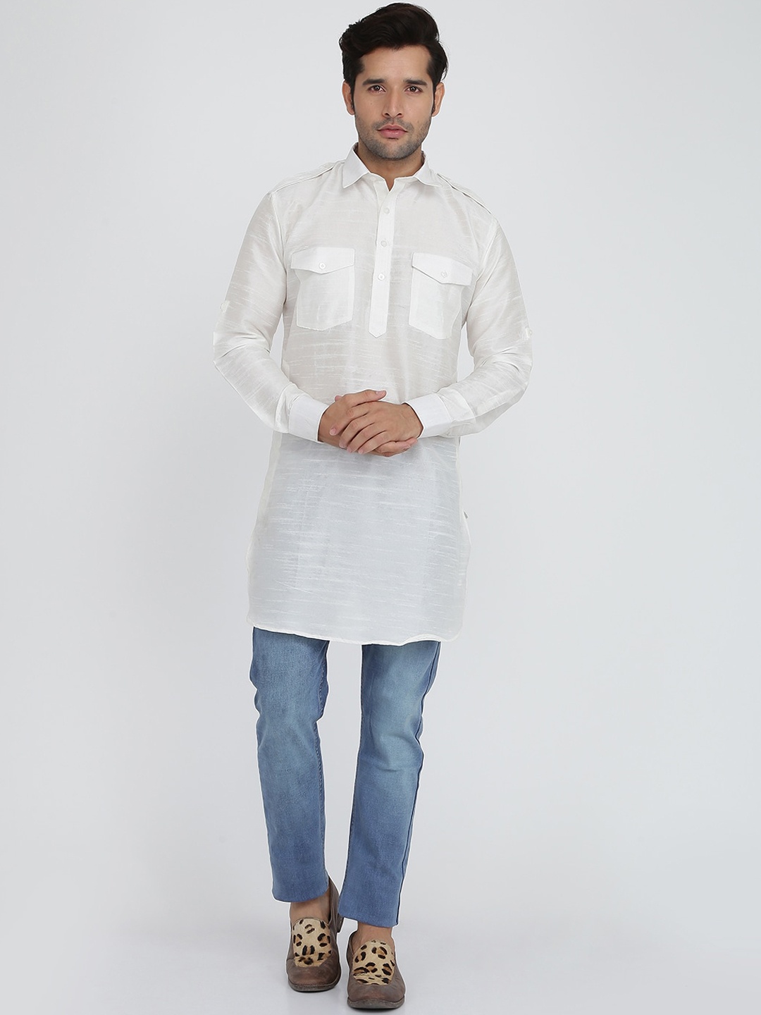 

ROYAL KURTA Shirt Collar Pathani Kurta, White