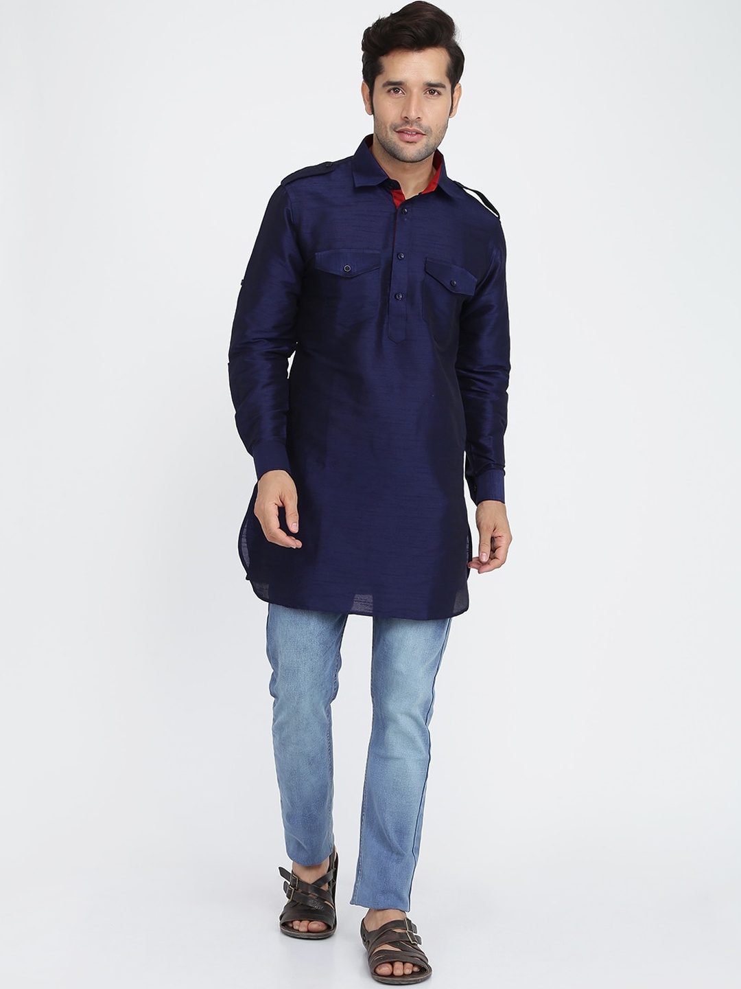 

ROYAL KURTA Men Dupion Silk Pathani Kurta, Navy blue