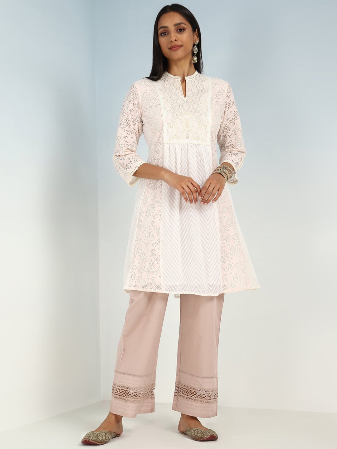 

Lakshita Self Design Mandarin Collar Summer Sheers Anarkali Kurta, Pink
