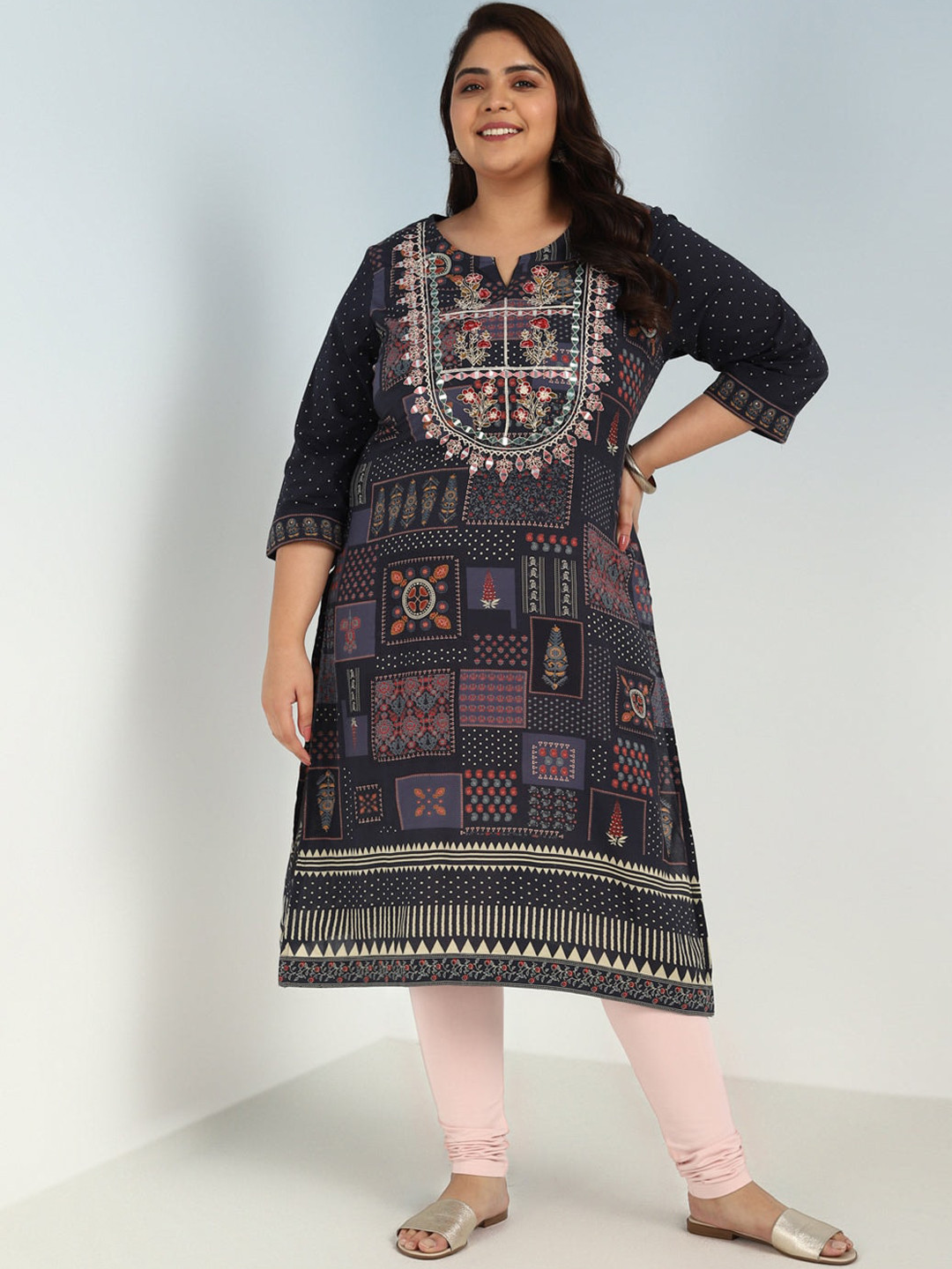 

Lakshita Plus Size Ethnic Motifs Printed Mirror Work Kurta, Grey