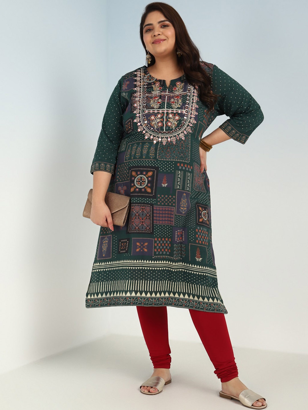 

Lakshita Plus Size Ethnic Motifs Embroidered Mirror Work Kurta, Green