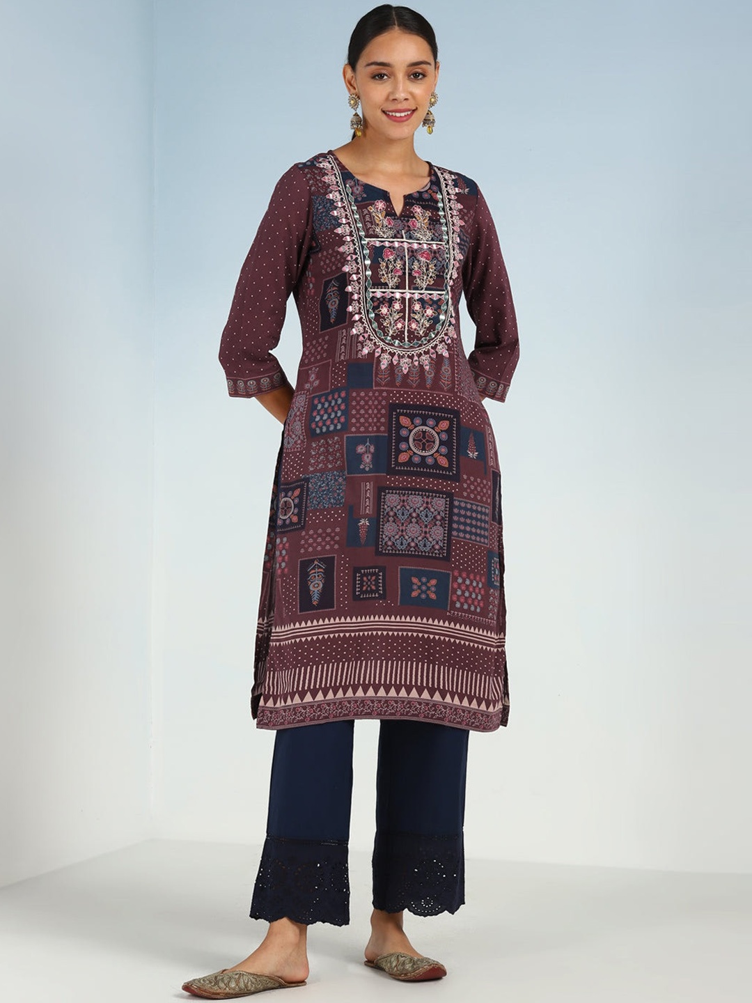 

Lakshita Ethnic Motifs Embroidered Mirror Work Kurta, Maroon