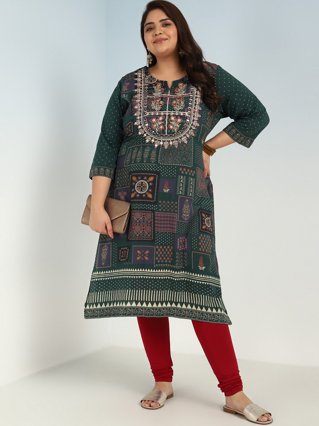 

Lakshita Plus Size Ethnic Motifs Printed Mirror Work Kurta, Green
