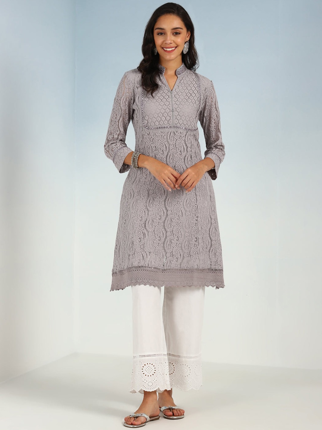 

Lakshita Paisley Self Design Mirror Work Kurta, Grey