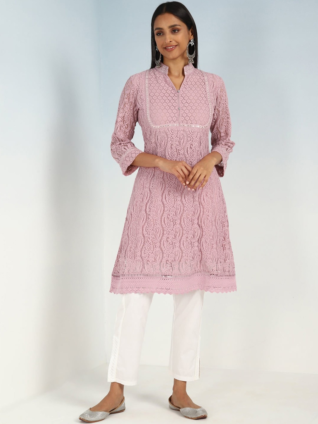 

Lakshita Self Design Mandarin Collar Summer Sheers Anarkali Kurta, Pink