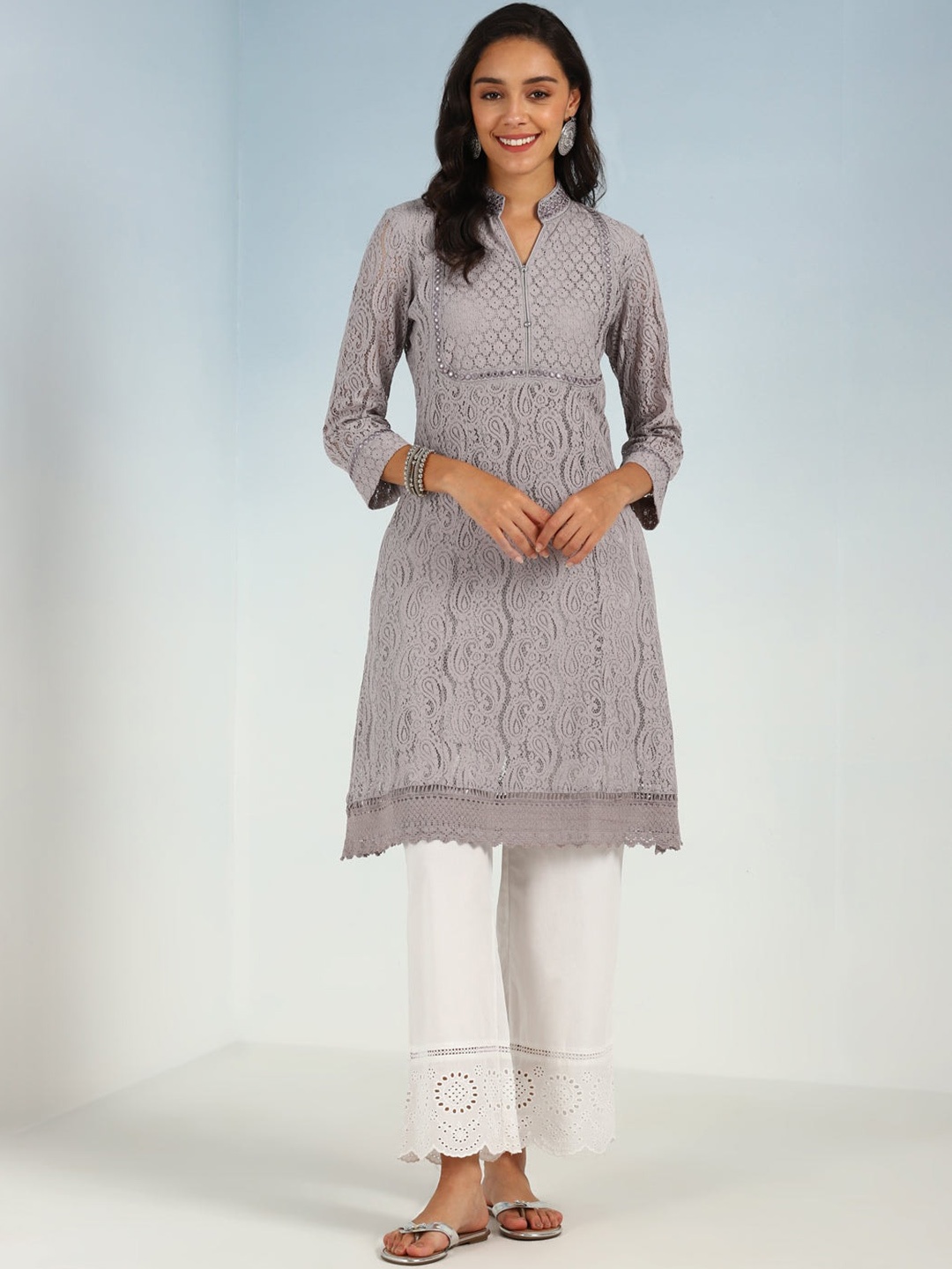 

Lakshita Paisley Self Design Mirror Work Kurta, Grey
