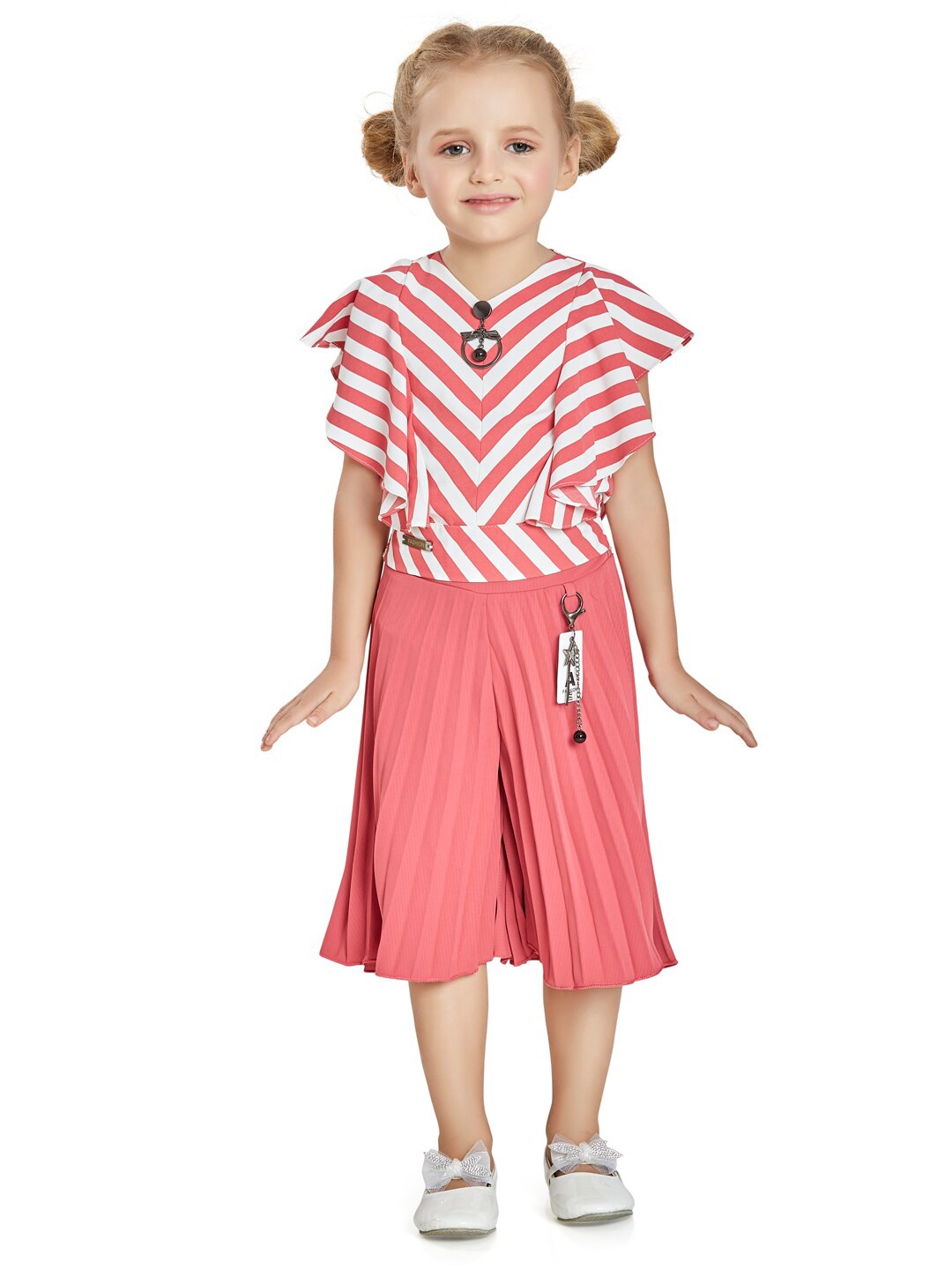 

Peppermint Girls Striped Ruffled Sleeves Top with Palazzos, Mauve