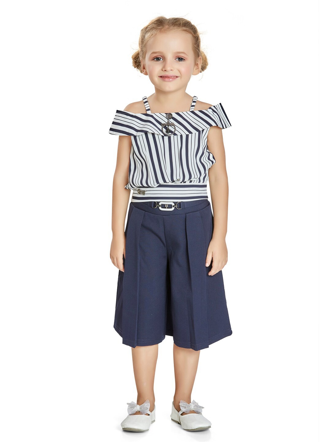 

Peppermint Girls Striped Shoulder Straps Top with Capris, Navy blue