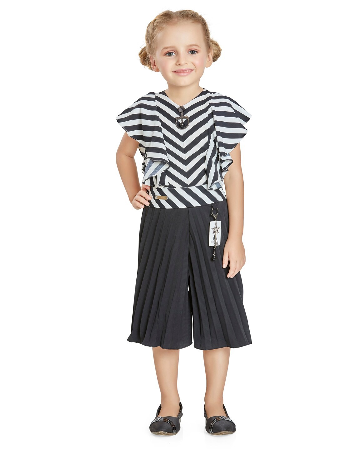 

Peppermint Girls Striped Ruffled Sleeves Top with Palazzos, Black