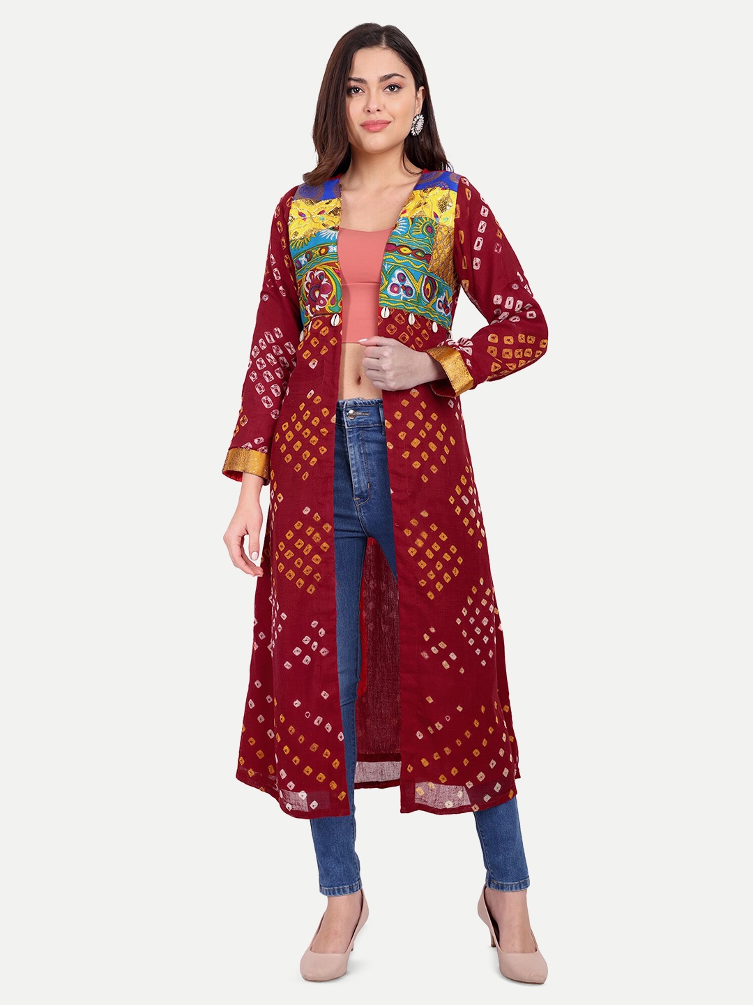 

The BANJARA TRAIL Geometric Printed Pure Cotton Longline Shrug, Red
