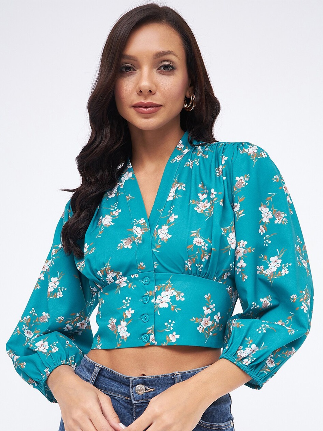 

Harpa Floral Printed Puff Sleeves Smocking Shirt Style Crop Top, Green