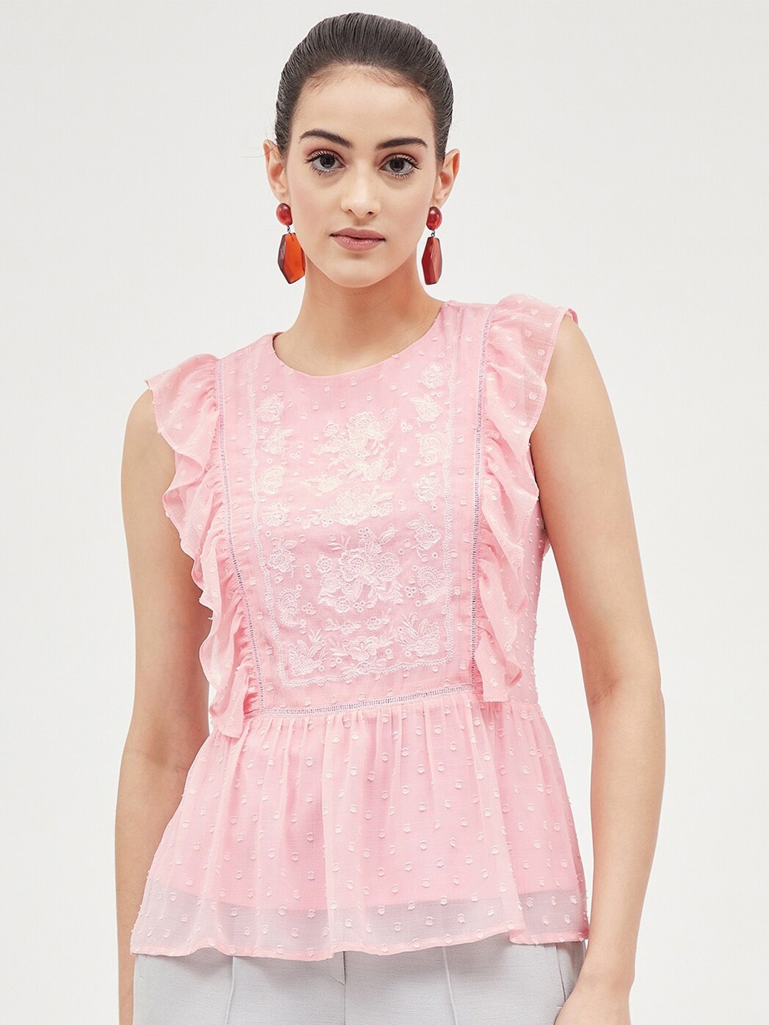 

Harpa Self Design Ruffles Chiffon Peplum Top, Pink