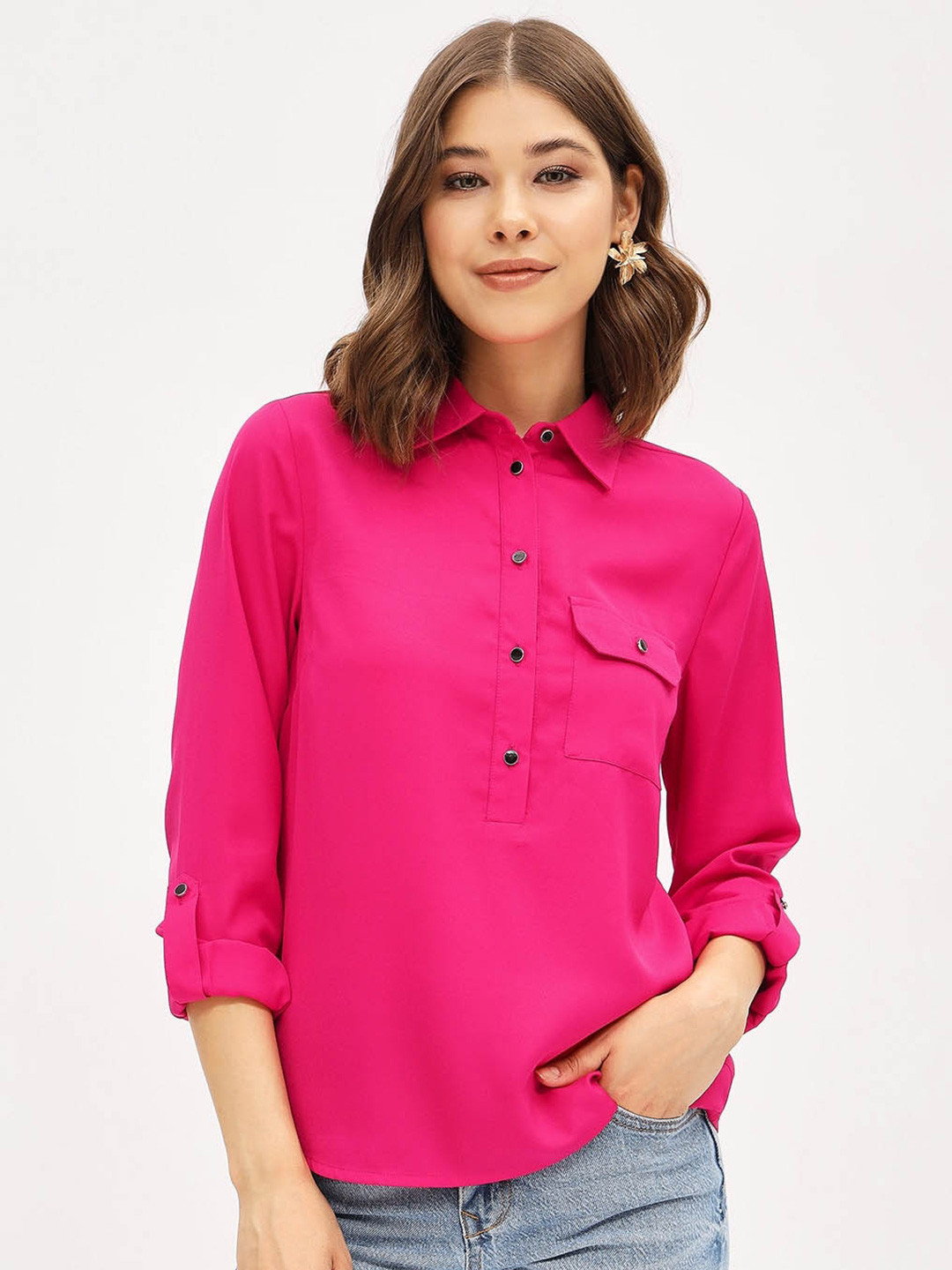 

Harpa Roll-Up Sleeves Shirt Style Top, Pink