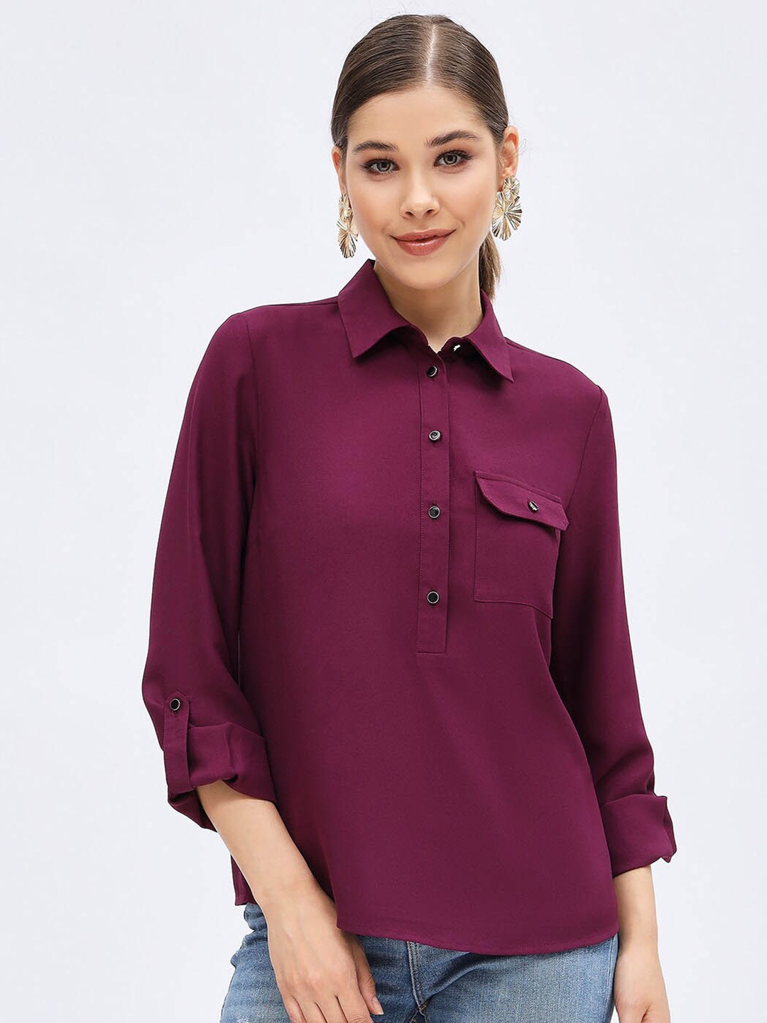 

Harpa Spread Collar Roll-Up Sleeves Top, Purple