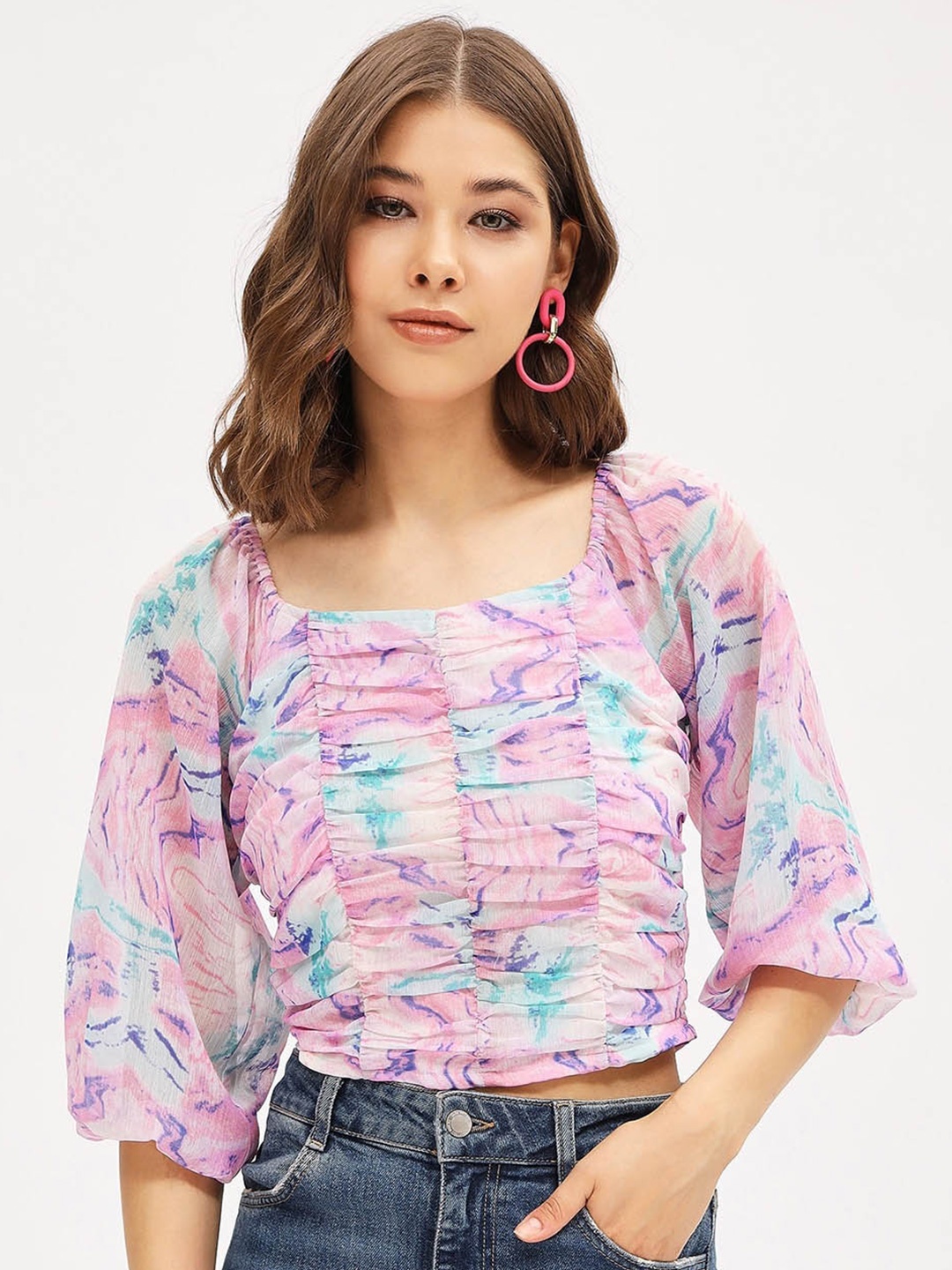 

Harpa Abstract Printed Square Neck Smocking Chiffon Fitted Crop Top, Purple