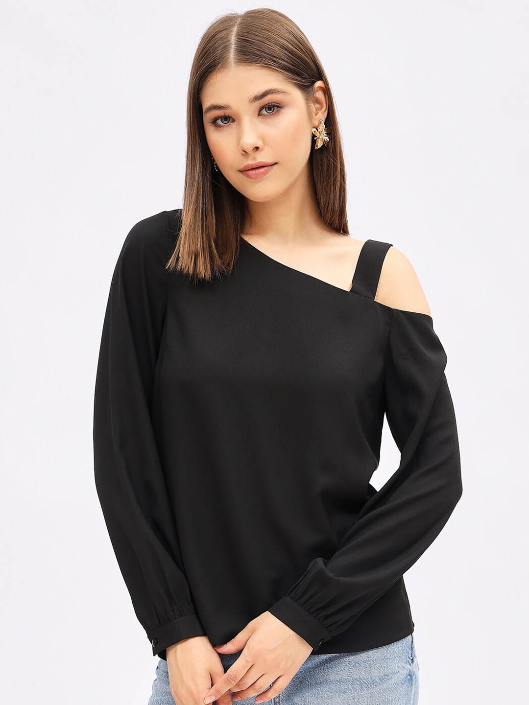 

Harpa One Shoulder Cuffed Sleeves Top, Black