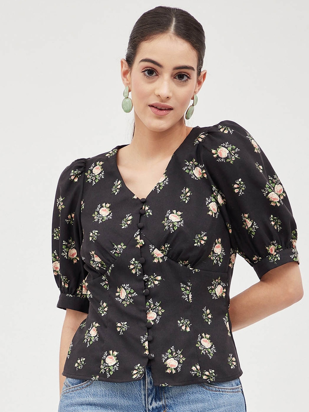 

Harpa Floral Printed Puff Sleeves V-Neck Top, Black