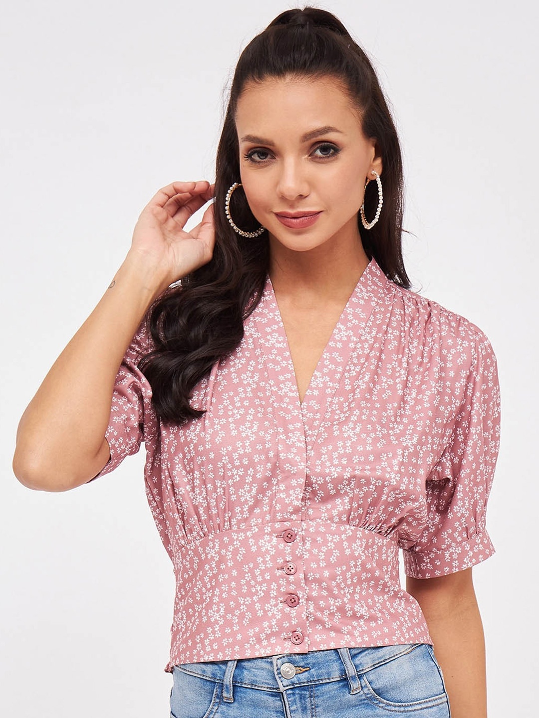 

Harpa Floral Printed Puffed Sleeves Cinched Waist Crop Top, Pink