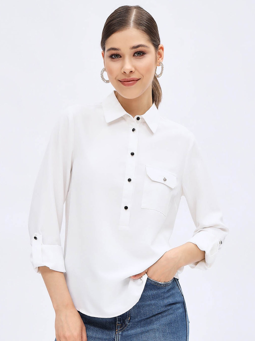 

Harpa Roll-Up Sleeves Shirt Style Top, White