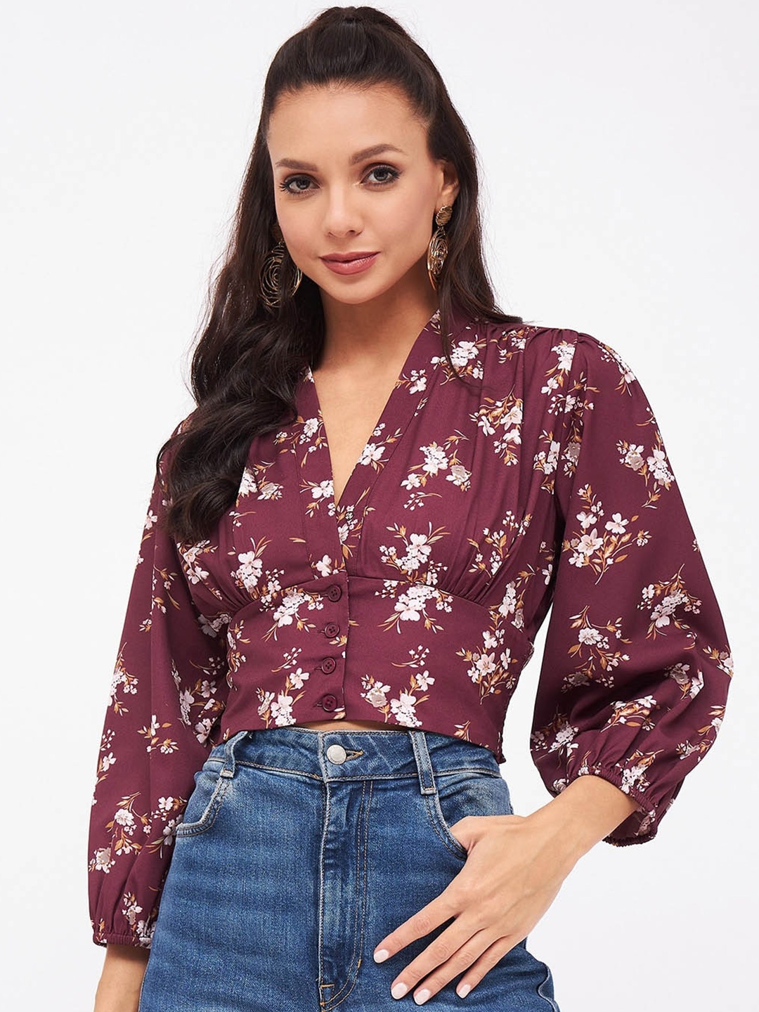 

Harpa Floral Printed Puff Sleeves Crop Top, Maroon