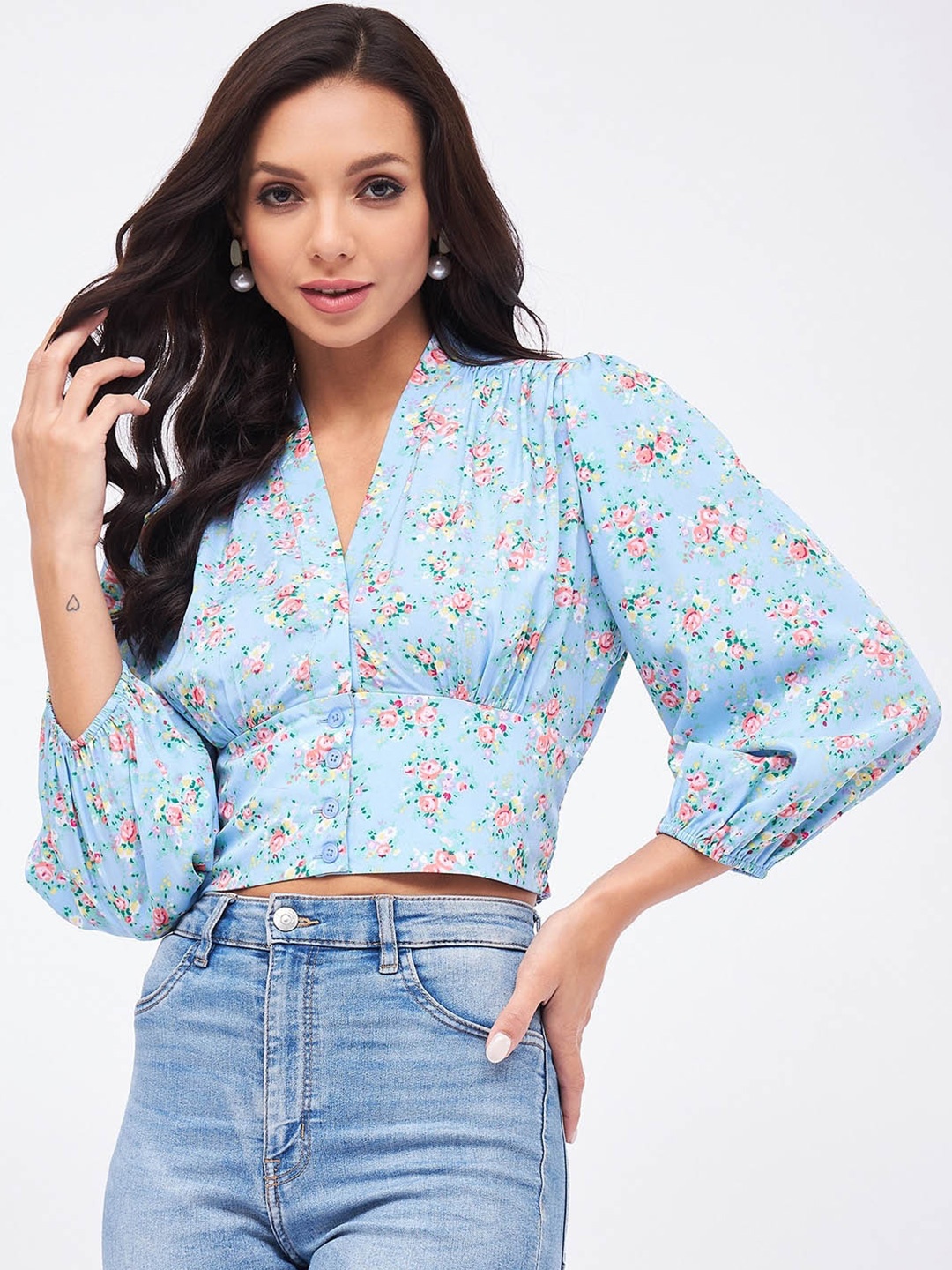 

Harpa Floral Printed Puff Sleeves Smocking Shirt Style Crop Top, Blue